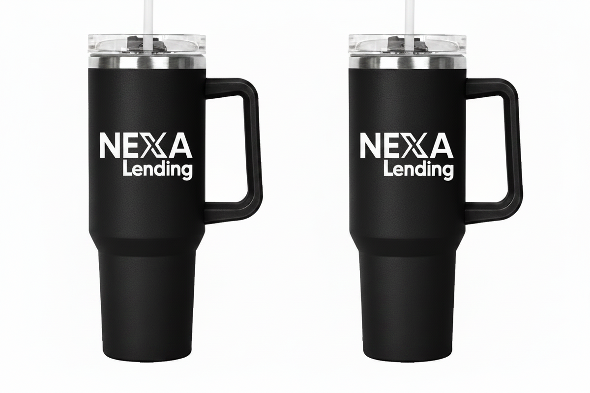 Black travel mug with 'Nexa Lending' logo in white