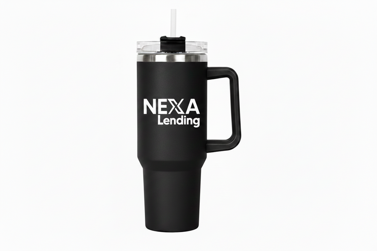 Black travel mug with 'Nexa Lending' logo in white